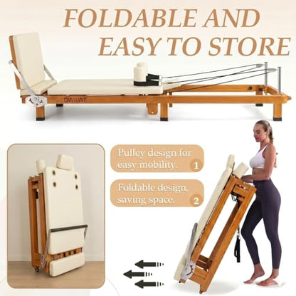 88" Foldable Pilates Reformer,Walnut Wood Grain Metal Frame, Dual Spring & Latex Resistance, Jump Board & Headrest, Adjustable Footbar Space-Saving Home Gym, Ideal - size: 88IN*21.3IN*11IN