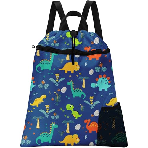 Blue Dinosaur Drawstring Backpack, 15” x 17” Waterproof Swim Bag for Beach Swimming Pool, Lightweight Foldable Gym Bag with Water Bottle Holder for Sports Travel - color: Blue Dinosaur
