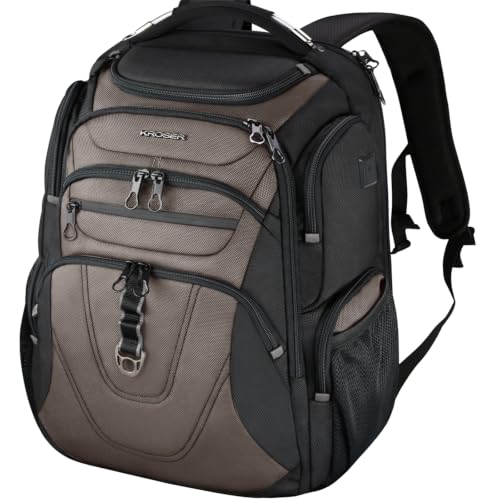 KROSER TSA Friendly Travel Laptop Backpack 18.4 inch XXXL Gaming Backpack Water-Repellent College Daypack Business Backpack with RFID Pockets & USB Port for Men/Women-Black/Light Browm - color: Black/Light Browm-18.4, size: 18.4 inch