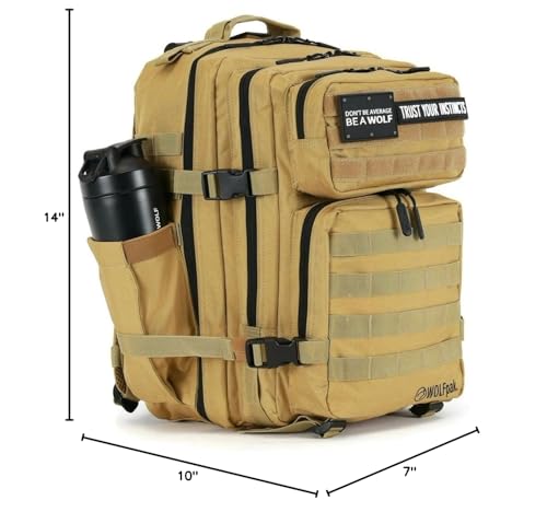 WOLFpak 35L Athletic Gym Backpack - Durable 1000D Waterproof Oxford Material with MOLLE Webbing, Laptop Pocket & Dual Cup Holders, Durable Fitness/Travel/Military Daypack (Khaki) - color: Khaki
