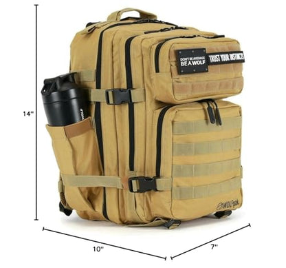 WOLFpak 35L Athletic Gym Backpack - Durable 1000D Waterproof Oxford Material with MOLLE Webbing, Laptop Pocket & Dual Cup Holders, Durable Fitness/Travel/Military Daypack (Khaki) - color: Khaki