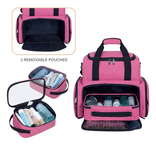 Large Makeup Cosmetic Bag with 3 Removable Case and 2 Removable Dividers Double Layer Travel Storage Organizer, Makeup Brushes Storage Section Rose Red - color: Rose Red