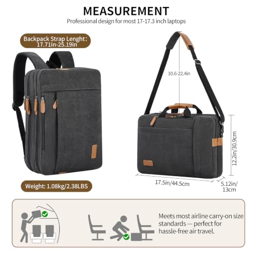 ESTARER Laptop Bag for Men 3 In 1, 17-17.3 Inch Computer Bag Laptop Backpack for Work/Travel/Business, Convertible Messenger Bag Water resistant Canvas Briefcase Backpack (Dark Grey) - color: Dark Gray