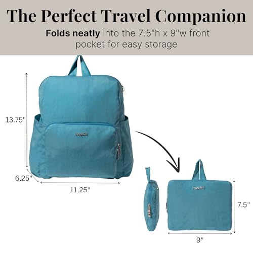 Carryall Packable Lightweight Travel Backpack 14x11" Folding Compact Nylon Washable Weekender Daypack w/Luggage Sleeve - color: Seaside Blue
