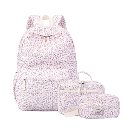 Tanweibago Backpack for Girls Boy Teen Corduroy Bookbags Elementary Middle High School with Lunch Box Pencil Bag (Floral Pink) - color: Floral Pink