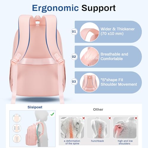 Sisipoet School Backpack for Girls, Lightweight Kids Bookbag Classic College Backpack for Teen Women with Luggage Strap, Age 8-18 Years Old, Pink - color: Pink