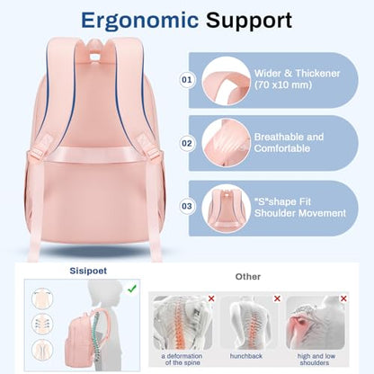 Sisipoet School Backpack for Girls, Lightweight Kids Bookbag Classic College Backpack for Teen Women with Luggage Strap, Age 8-18 Years Old, Pink - color: Pink
