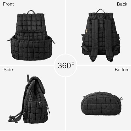 XSUIOY Quilted Backpack Purse for Women Small Lightweight Puffer Puffy College Laptop Backpack Nylon Casual Bookbag Daypack Top Flap Drawstring Padding Hiker Travel Gym Backpack(Black) - color: Black