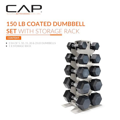 CAP Dumbbell Set with Rack, Rubber Coated Hex Free Weight Set | 100–300 lb Options, Vertical Space-Saving Storage for Home Gym Strength Training - size: 150 lb Set - Light Gray Rack, style: Chrome Handle