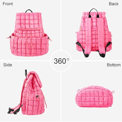 XSUIOY Quilted Backpack Purse for Women Small Lightweight Puffer Puffy College Laptop Backpack Nylon Casual Bookbag Daypack Top Flap Drawstring Padding Hiker Travel Gym Backpack(Pink) - color: Pink