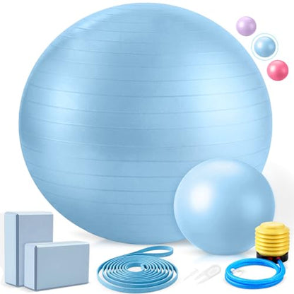 Pilates Set with 2 Yoga Exercise Balls (25.6”&9.8”), Yoga Block, Stretch Strap & Foot Pump, Stability Fitness Ball Kit for Home Gym Equipment Workout Pregnancy Physical Therapy - color: Blue