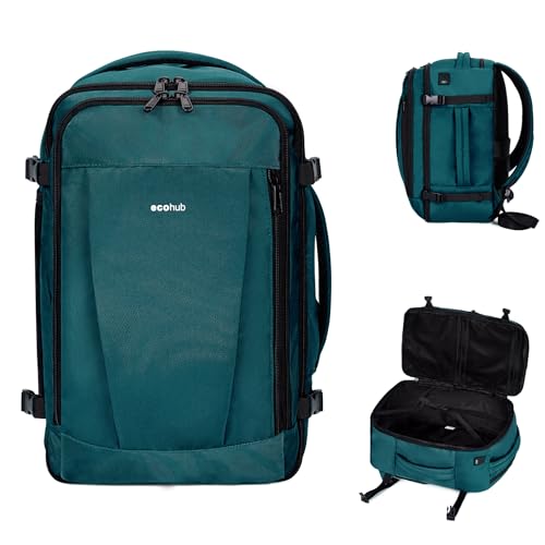 ECOHUB Travel Backpack 18x14x8 Spirit Airlines Personal Item Bag Carry On Backpack 13 Pockets Large Work Casual Daypack for men Airline Approved Waterproof Gym Backpack with Charging Port, Blue Green - color: Green, size: 18 inch underseat