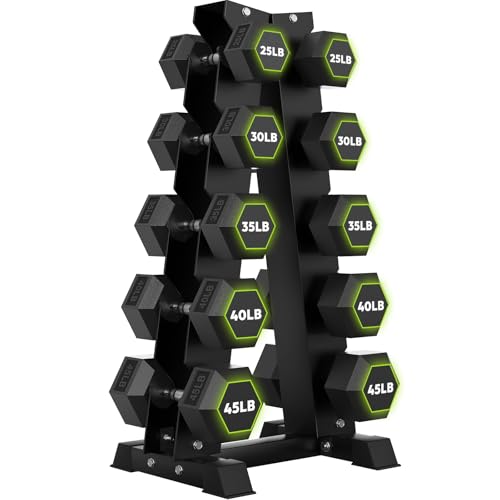 HANDBODE Rubber Coated Hex Dumbbell Set with A-Frame Rack, 100 lb - 600 lb Multiple Options Weight, Hexagon Non-Rolling Shape, Ergonomic Knurled Handle, Home Gym Equipment for Strength Training - style: 350 lb (25, 30, 35, 40, 45 lb) X 2 & Rack