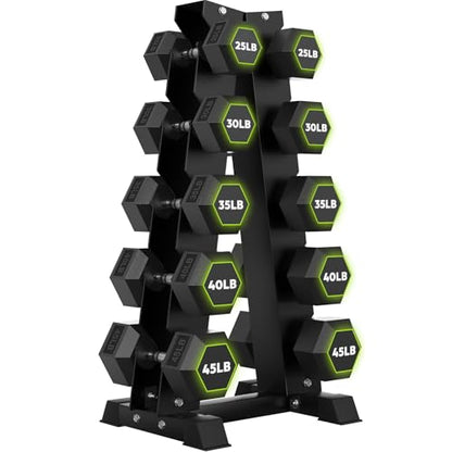 HANDBODE Rubber Coated Hex Dumbbell Set with A-Frame Rack, 100 lb - 600 lb Multiple Options Weight, Hexagon Non-Rolling Shape, Ergonomic Knurled Handle, Home Gym Equipment for Strength Training - style: 350 lb (25, 30, 35, 40, 45 lb) X 2 & Rack