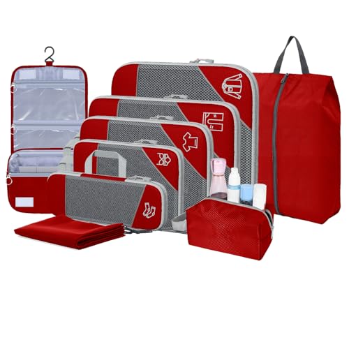 9-Set Packing Cubes with Hanging Bag | 9-Size Combination, Mesh Fabric & Reflective Stripe | Travel Luggage Organizers (Red) - color: Red