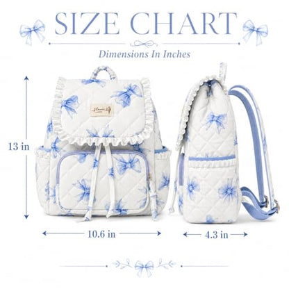 Quilted Mini Backpack For Women,Small Cute Cotton Floral Backpack Purse, Drawstring Daypack For Travel Daily Use(Blue Bow, M) - color: Blue Bow