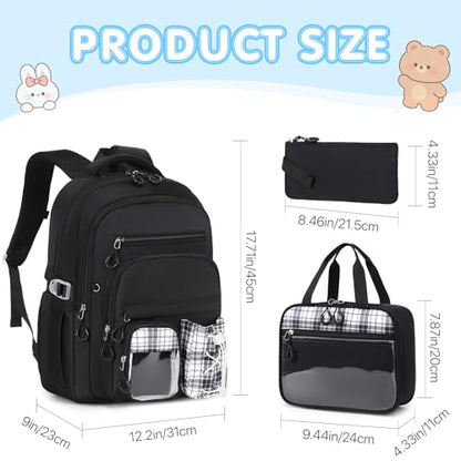 GeeWin Girls Backpack for School with Lunch Box & Pencil Case Set, 17 Inch Stylish Plaid Girls Bookbag with Lots of Pockets for Kids, Teens, Elementary Middle High College School Student (Black) - color: Black