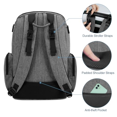 Mancro Diaper Bag Backpack, Baby Diaper Bag with 2 Side Insulated Pockets, Travel Diaper Backpack for Men Women with Stroller Straps, Large Capacity and Waterproof, Grey - color: Grey, size: Large