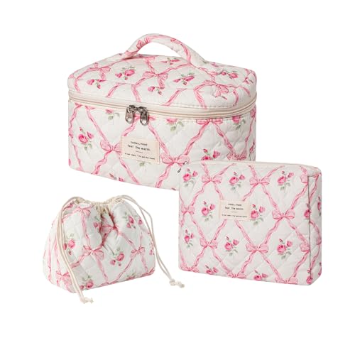 3pcs Large Cotton Quilted Makeup Bag Set,Coquette Aesthetic Cute Travel Toiletry Bag,Drawstring Gift Bag for Women and Girls(3Pcs Pink Bow) - color: 3Pcs Pink Bow