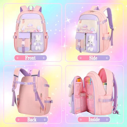 3pcs Girls Backpack With Lunch Box & Pencil Case,Cute Rabbit Kids School Backpack Set For Kindergarten & Elementary School (Style A Purple-16.5in) - color: Style A-purple