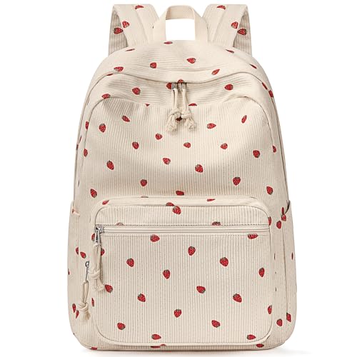 mibasies School Backpack for Girls with Laptop Sleeve: 18IN Large Capacity Corduroy Bookbag for Primary Middle School/College, Travel Daypack for Teens Women - Beige Strawberry - color: Beige Strawberry