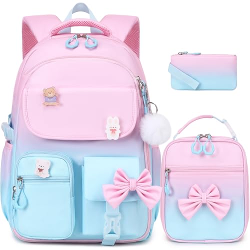 ACESAK Girls Backpack - 3PCS Backpack for Girls Cute School Backpacks for Girl Kindergarten Elementary Preschool Middle Kids School Bags with Lunch Box Pencil Case Set (Pink Blue) - color: Pink Blue