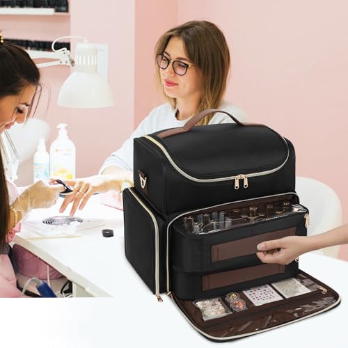 CUBETASTIC Extra Large Nail Polish Organizer Case Holds 86 to 100+ Bottles Nail Polish & Nail Lamp, Nail Supplies Storage Carrying Bag with 2 Removable Pouches - color: Heavy Duty Black