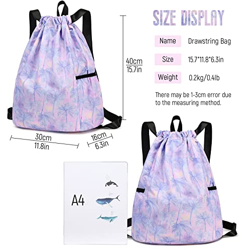 Gym Bag for Girls, Drawstring Sports Bag Lgihtweight Large Travel Coconut Tree Purple Clinch bag - color: Coconut Tree Pink