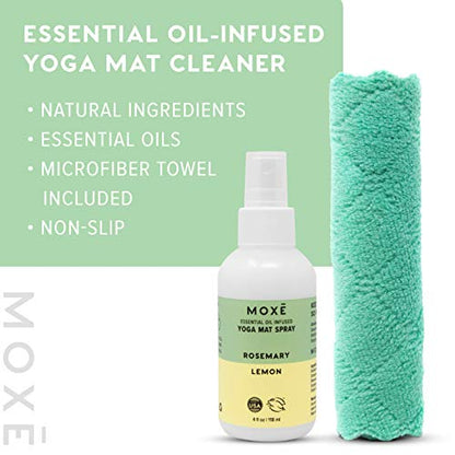 MOXE Yoga Mat Cleaner Spray, Rosemary & Lemon Essential Oil, Safe for All Mats & Exercise Equipment, Odor & Sweat Protection, Includes Microfiber Cleaning Towel, Green America Certified, 4 Oz (2 Pack) - size: 4 Fl Oz (Pack of 2)
