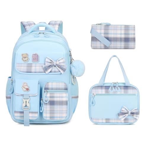 MOONBABY Girls Backpack, Kids Backpack for Girls School Bags with Lunch Bag & Pen Case, Bow Plaid Book Bag for Elementary Middle Primary High School College,Blue-3pcs - color: Blue Set