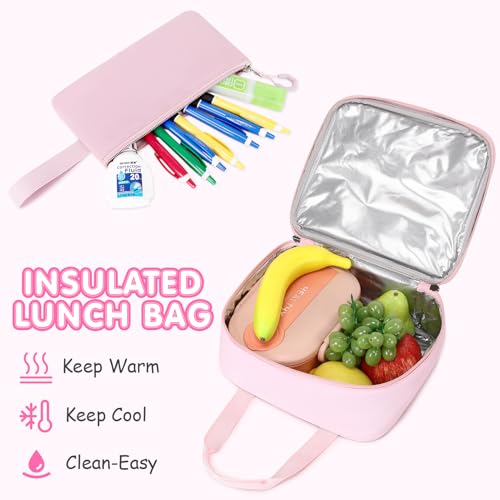 GeeWin Girls Backpack for School with Lunch Box & Pencil Case Set, 17 Inch Stylish Plaid Girls Bookbag with Lots of Pockets for Kids, Teens, Elementary Middle High College School Student (Pink) - color: Pink