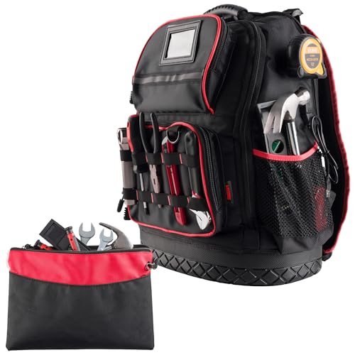 Tool Backpack Heavy Duty Tool Bag with Laptop Sleeve, USB Charging Port, Side Pouches, Multi Pockets and Rubber Base - Electrician, Handyman, Construction, Carpentry Work or Jobsite Tote by Stalwart
