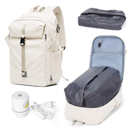 SEAFEW Beige Motorcycle Backpack Helmet Bags with Separate Seal Compression Bag with Travel Pump, Carry on Backpack Flight Approved Casual Daypacks Anti-theft Laptop Daypack for Work Trip Gym - color: Beige