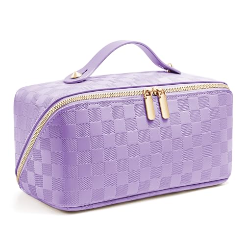 ALEXTINA Travel Makeup Bag, PU Leather Cosmetic Bag, Purple - color: checkered purple, size: Medium