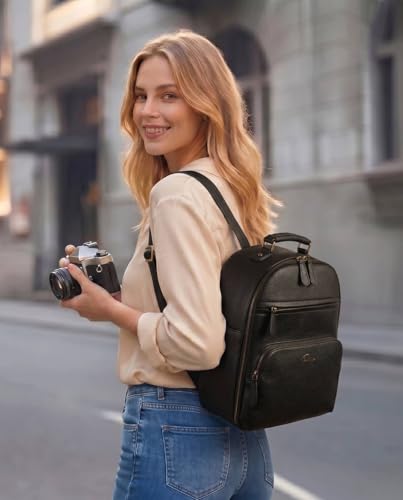 Small Camera Backpack Classic PU Leather for DSLR, Professional Camera Bag for Photographers with 11 Inch Pad/Tablet Compartment Small 10L Black - color: Black