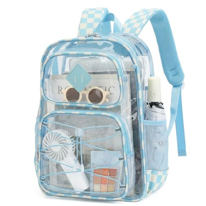 Clear Backpacks for Girls Women, Heavy Duty PVC Transparent Back Pack See Through Boys Kids Clear Bookbags for School - Checkered Sky Blue - color: Checkered Sky Blue