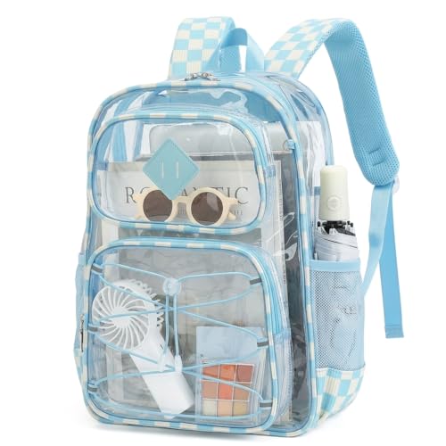 Clear Backpacks for Girls Women, Heavy Duty PVC Transparent Back Pack See Through Boys Kids Clear Bookbags for School - Checkered Sky Blue - color: Checkered Sky Blue