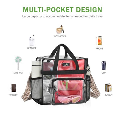 MAY TREE Clear Bag for Stadium Events, 12x6x16 Clear Tote Bag with Removable Strap, Transparent Bag for Concert Sports Gym, White & Beige-Strap - color: White & Beige-Strap