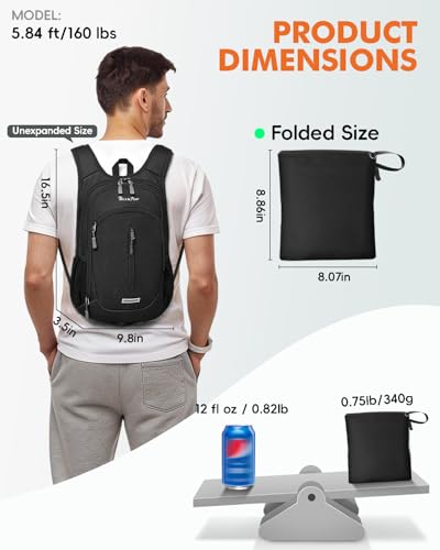 Seektop Small Hiking Backpack Expandable 12L-15L, Lightweight Packable Waterproof Daypack with Phone Pocket for Women Men - color: Black