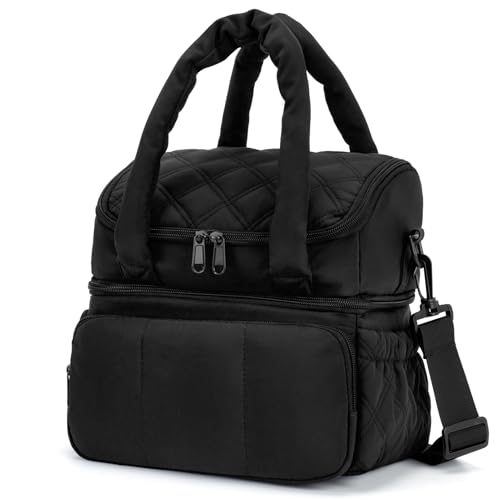 Double Deck Lunch Bag Insulated Leakproof, Quilted Puffer Lunch Bag Women Lightweight for Work Travel Beach Picnic, Large(Double Deck), Black - color: Black, size: Double Deck