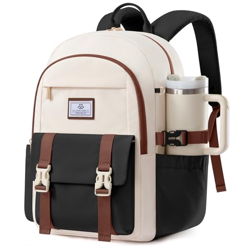 LOVEVOOK School Backpack for Teen Girls Boys,Bookbag for Middle High Student with Pouch Pocket for Large Bottle, Preppy College Bookbag, Waterproof Travel Daypack with 15.6 inch Laptop Compartment - color: Beige-black-chestnut Brown, size: Medium-15.6" wi