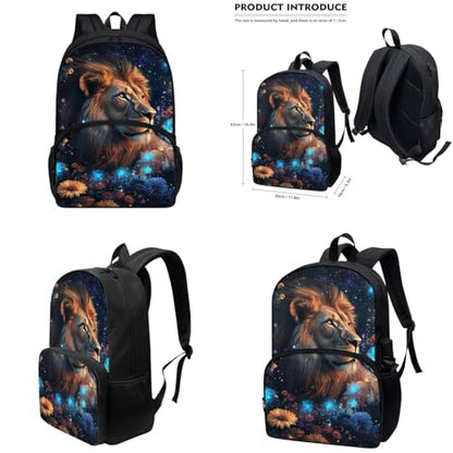 Aesthetic Lion Backpack for Kids Girls Backpack with Lunch Box Water Bottle Holder and Soft Pencil Pouch 4Pcs Set 17" Bookbag with Large Front Pocket for School Sturdy Elementary School Bag - color: Aesthetic Lion-1