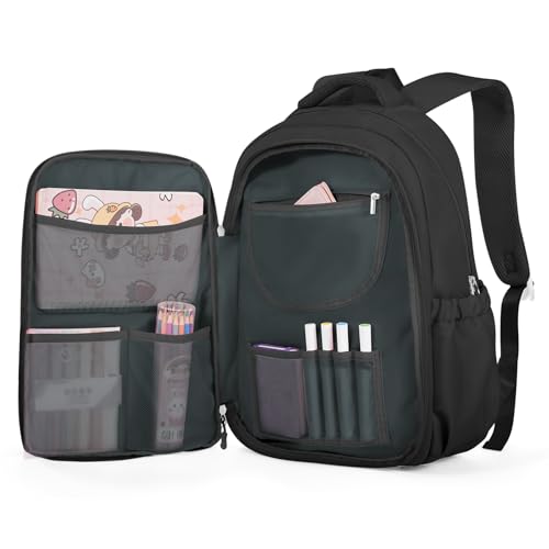 Cute Black Backpack For School Teens Girls Boys, Aesthetic Kids Elementary School Backpacks, Waterproof Middle Students Bookbag, Large Capacity Backpack For College Women Men - color: Black