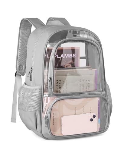 KIMNERPU Clear Backpack, Fabric & PVC Transparent Backpack with Reinforced Strap for Women Men, Heavy Duty Transparent Bookbag, Large Capacity Clear Bag, Travel, X-Large Grey - color: Grey, size: X-Large