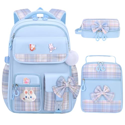 NSEQB Girls Backpack,Kids School Backpack With Lunch Box Pencil Case Set,Cute Childrens Schoolbag For Girls - color: Blue-3PCS