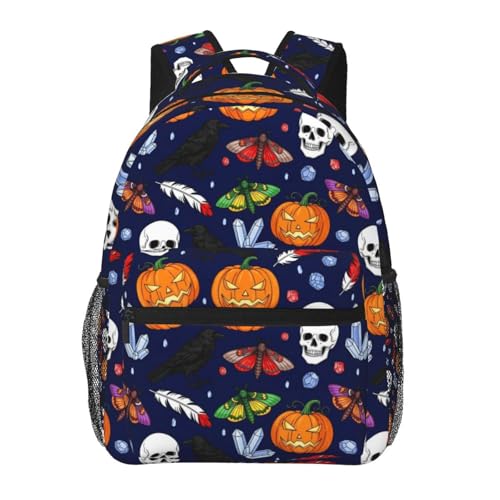 Gym and Sports Backpack Halloween Raven Pumpkin Skull, Lightweight Casual Daypack with Side Water Bottle Pocket for Beach and Outdoor - color: Pattern (269)