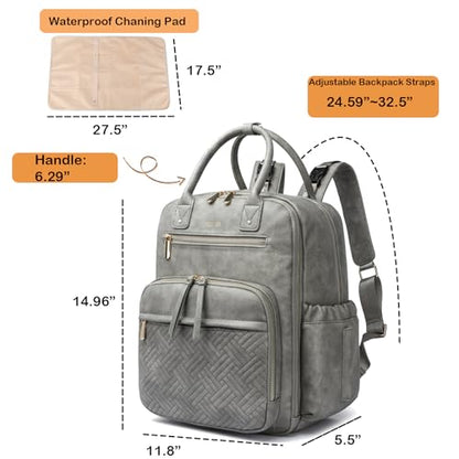Leather Diaper Bag Backpack for Women with Multiple Pockets,Laptop Compartment and Changing Pad. - color: Grey
