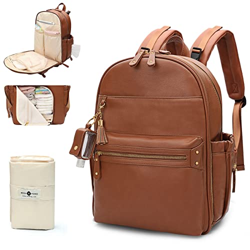 miss fong Diaper Bag, Diaper Bag Backpack, Baby Diaper Bag, Leather Diaper Bag Backpack with Changing Pad & Stroller Strap,Multi-function Large Capacity & Waterproof Travel Backpack, Brown - color: Brown
