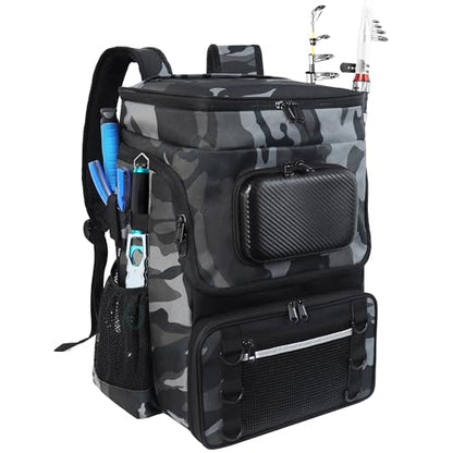 Fishing Backpack with Rod Holder, Large 50L Tackle Bag Water Resistant Tackle Backpack Heavy Duty Fishing Bag Gift for Men Woman - color: B: Camo Gray