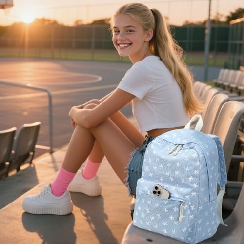 LEDAOU School Backpack for Teen Girls Elementary Middle School Bookbag Kids Backpacks Women Laptop Backpack Travel Daypack - color: Bow Print-blue